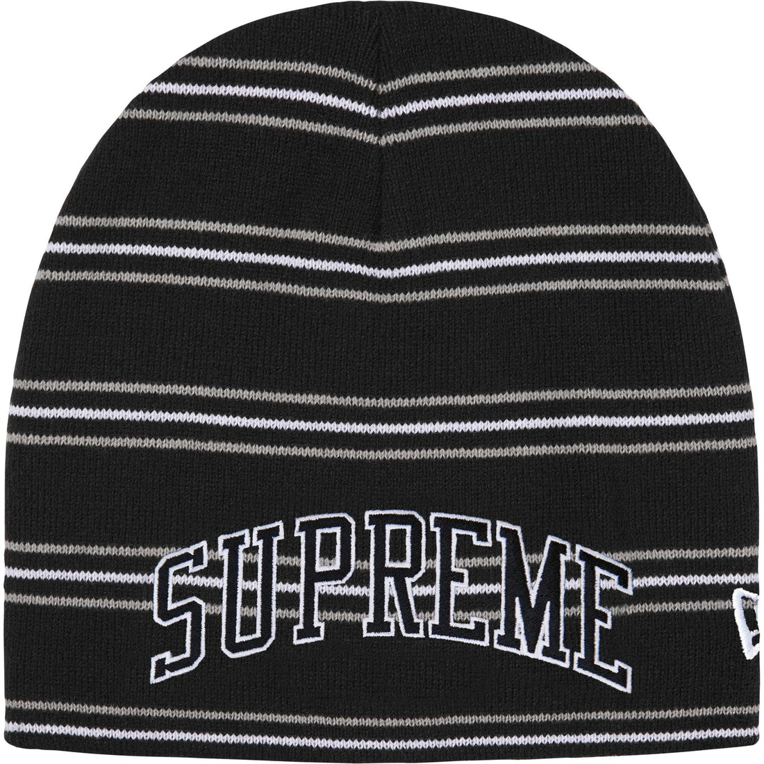 Supreme New Era Stripe Beanie in Black, front view