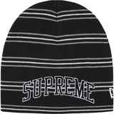 Supreme New Era Stripe Beanie in Black, front view