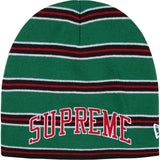 Supreme New Era Stripe Beanie in Green, front view