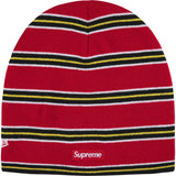 Supreme New Era Stripe Beanie in Red, back view