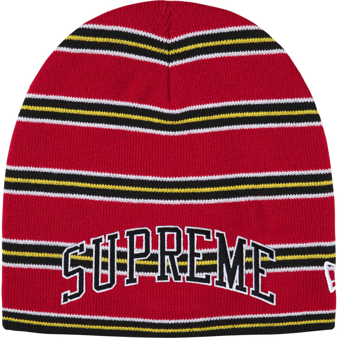 Supreme New Era Stripe Beanie in Red, front view