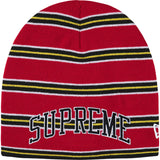 Supreme New Era Stripe Beanie in Red, front view