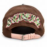 Temporary Forevers Fun Forever hat in mocha, rear studio view with pink strap