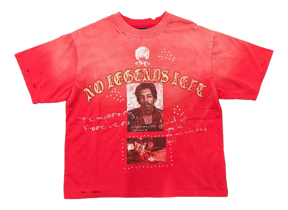 Temporary Forevers No Legends Left red distressed graphic tee — front view