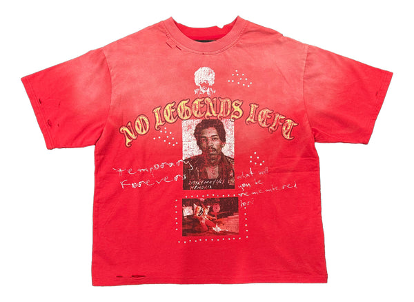 Temporary Forevers No Legends Left red distressed graphic tee — front view